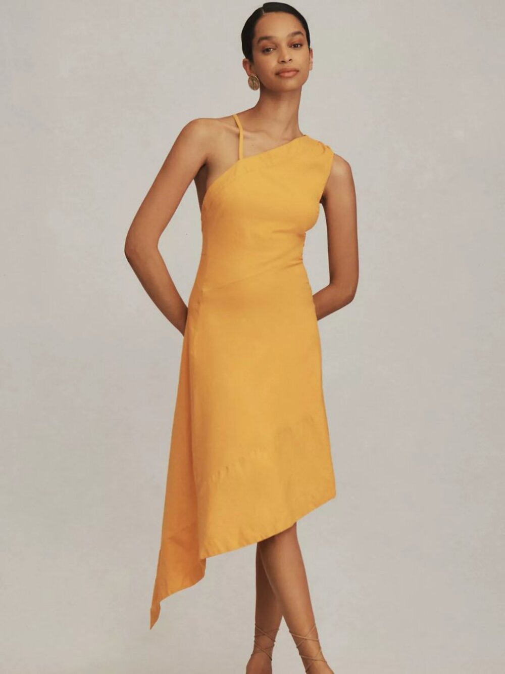 Anthropologie Asymmetrical Open-Back Linen Midi Dress in Orange